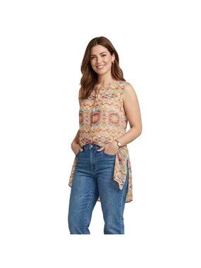 CAbi Avery Tunic Top M Sleeveless Sheer  Aztec Geometric Flowy Casual Button Up
